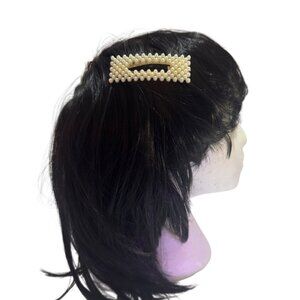 Pearl Beaded Rectangular Hair Clip Snap Metal Barrette Elegant Accessory White
